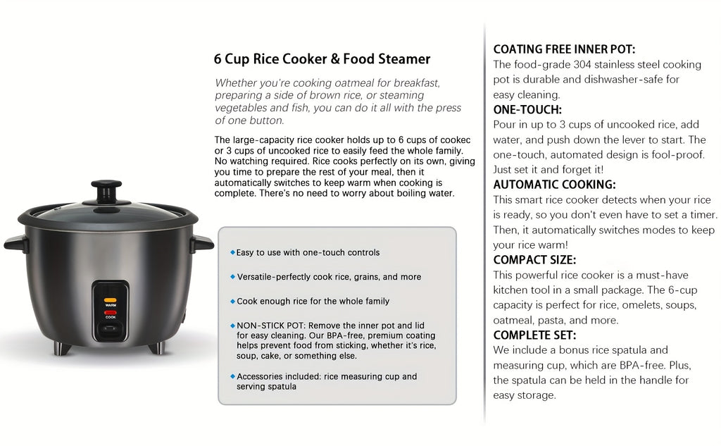 Rice Cooker with Removable Non-Stick Pot, Yogurt Maker with Auto Keep Warm Function, Large Capacity 6-Cup (Cooked) 1.5 Qt, 3-Cup (Uncooked), One-Touch Operation Grain Cooker, Multicooker, Stainless Steel Inner Liner, Steamer, Oatmeal Cooker