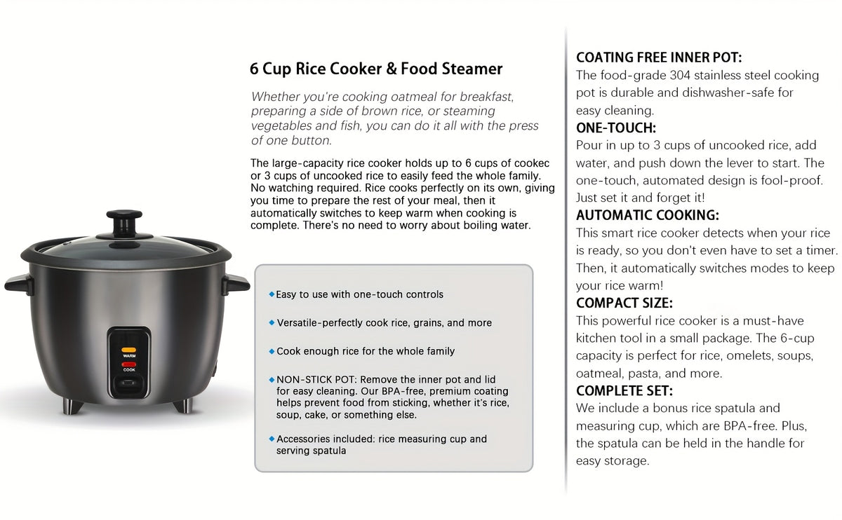 Rice Cooker with Removable Non-Stick Pot, Yogurt Maker with Auto Keep Warm Function, Large Capacity 6-Cup (Cooked) 1.5 Qt, 3-Cup (Uncooked), One-Touch Operation Grain Cooker, Multicooker, Stainless Steel Inner Liner, Steamer, Oatmeal Cooker