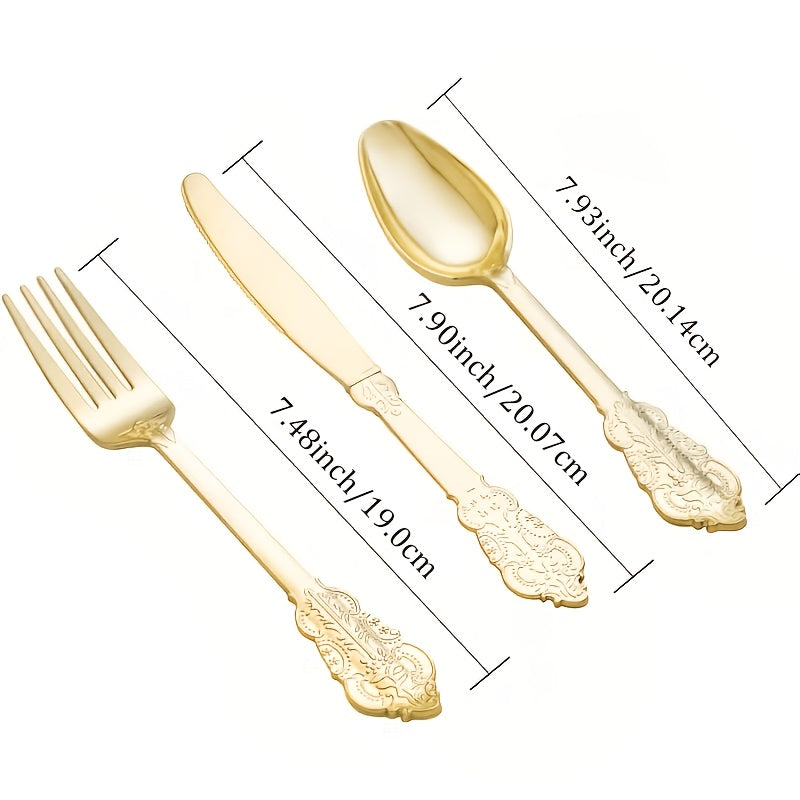 300pcs Premium Disposable Cutlery Set Serves 100 Guests Golden/Silvery Finish Durable Heavyweight Plastic Cutlery Resistant to Warping for Daily Use Ideal for Parties/Weddings/Holiday Gatherings Perfect for Valentine's Day, Christmas, And New Year's