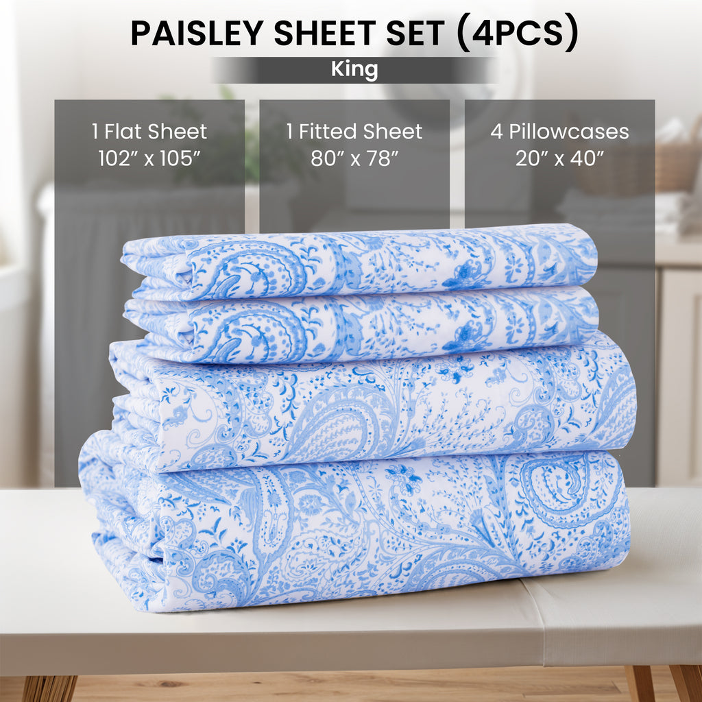 Paisley Bed Sheet Set, Soft Double Brushed Microfiber Bedding with 16-Inch Deep Pocket Fitted Sheet and Pillowcases in Six Sizes for Bedroom Comfort