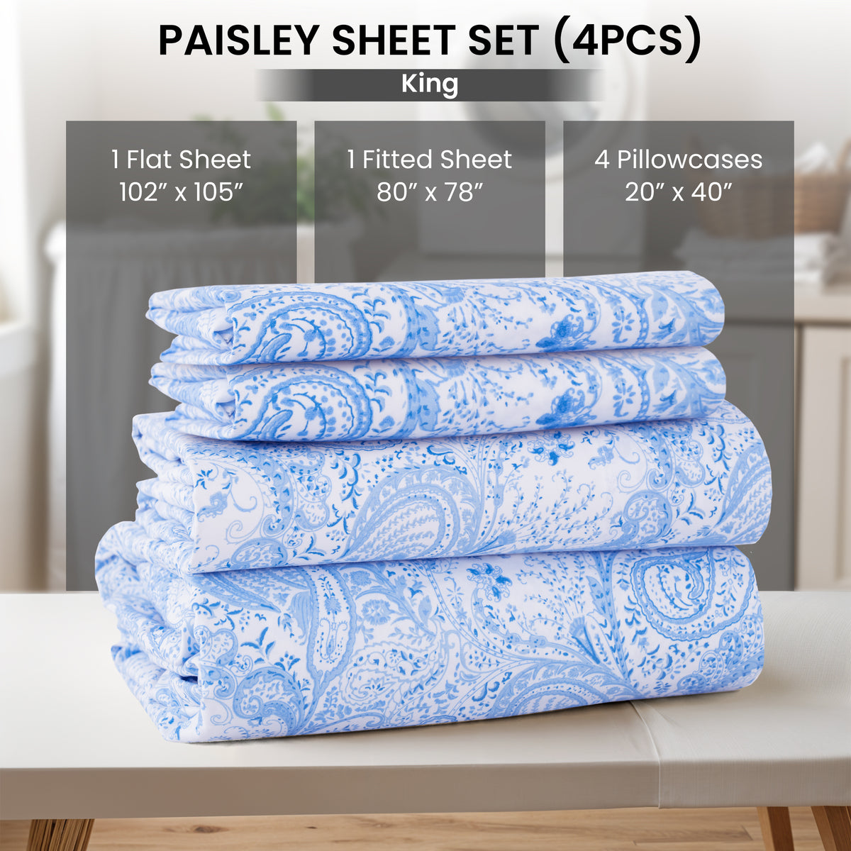 Paisley Bed Sheet Set, Soft Double Brushed Microfiber Bedding with 16-Inch Deep Pocket Fitted Sheet and Pillowcases in Six Sizes for Bedroom Comfort