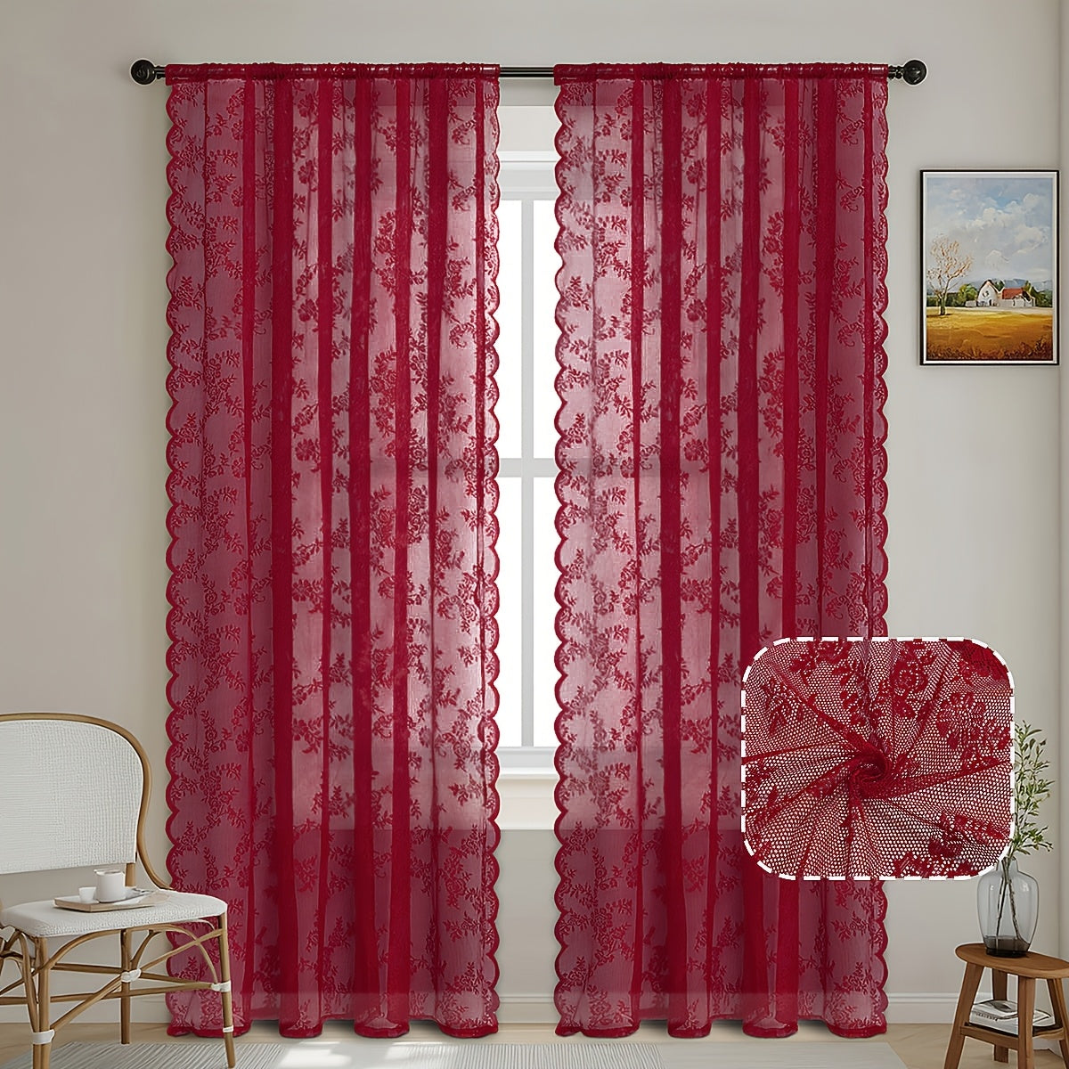 Set of Two White Lace Curtains with Floral Designs, Featuring a Bohemian Style And Semi-Transparent Fabric That Filters Sunlight. Suitable for All Seasons