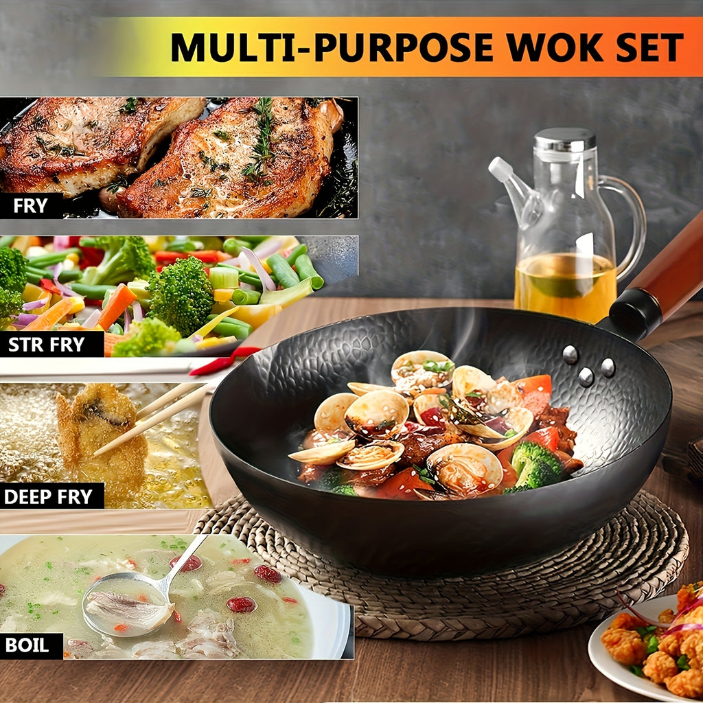 Wok, Cast Iron Frying Pan Wok Set - Nonstick, 12.6 Inch Pan With 13 Cookware Accessories, Suitable For All Stoves, Kitchen Utensils, Kitchen Tools, Kitchen Accessory, Kitchen Supplies Camping