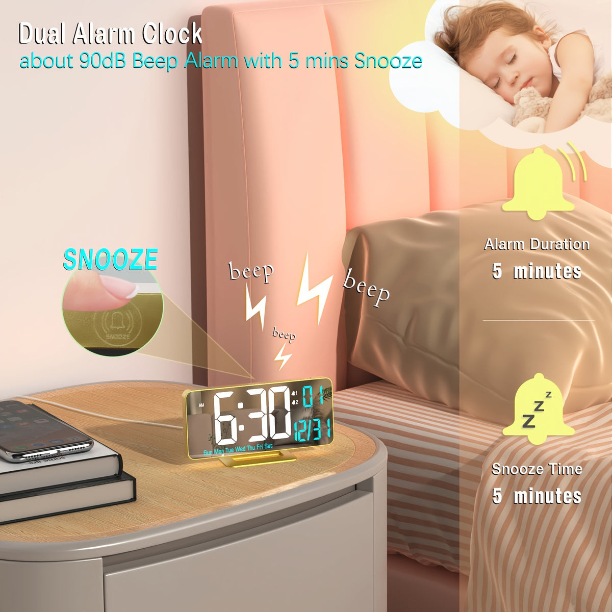 1pc Komugi Large 6.7" Golden Digital Alarm Clock with Dual Alarm, Dimmable LED Display, Temperature/Humidity-like (No Hygrometer), Date/Day of Week, USB-Powered Modern Desk Clock for Bedside, Living Room, Office - LCD Screen