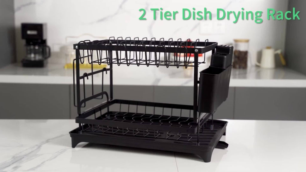 2 Tier Dish Drying Rack for Kitchen Counter, Dish Drainers for Kitchen Counter with Drainboard, Metal Kitchen Dish Rack with Drain, Kitchen Drying Rack Two Tier, Black Dish Racks