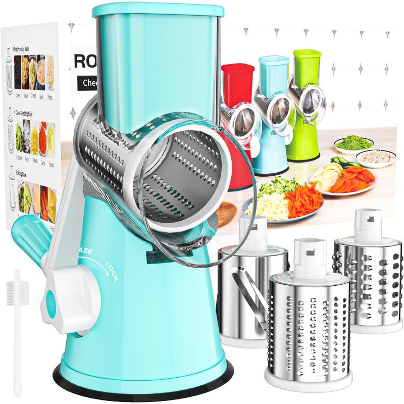 Rotary Cheese Planer Hand Crank Cheese Shredder Fresh Cheese, Vegetable Nuts, Non-Slip Suction Base, Free Cleaning Brush Three Blades