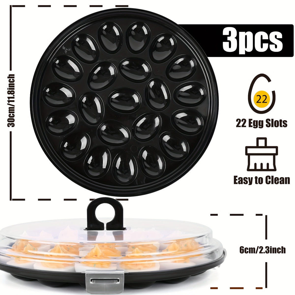 3pcs Deviled Egg Carriers For Kitchen, Black Plastic Round Egg Platters With Lid, 11.8Inch Portable Egg Tray With 66 Slots, For Large Capacity Kitchen Supplies For Valentine'S Day, Birthday Party, Family Gatherings, Wedding, Kitchen, Easter, Camping