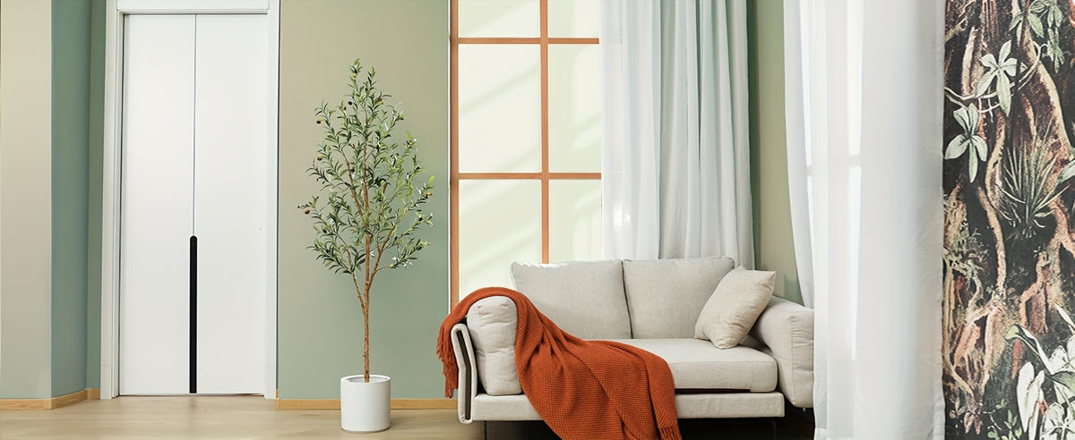 Artificial Olive Tree - Potted Faux Silk Plant with Natural Wood Trunk And Lifelike Fruits - Perfect for Home, Office, Outdoor And Holiday Decor