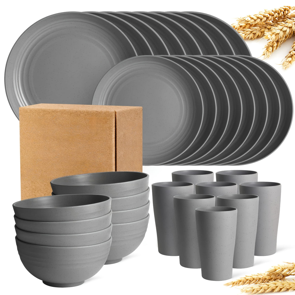 16/32pcs Kitchen Plastic Wheat Straw Tableware Set, 4/8 People, Plates, Dessert Plates, Cereal Bowls, Cups, Unbreakable, Lightweight Shatterproof for Camping/Daily Use/Parties/Weddings, Gift for Halloween/Christmas, Local Warehouse Item