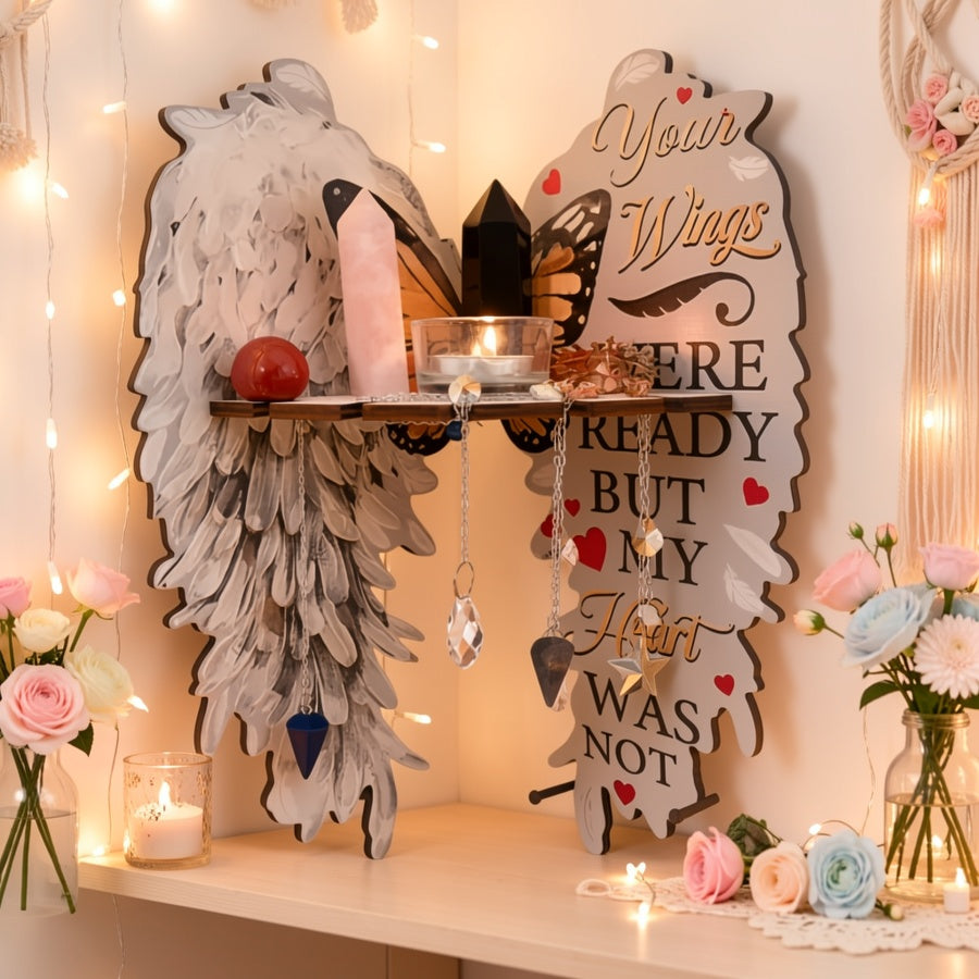 Angel Wing Memorial Corner Shelf, Light Grey Wooden Wall Display with Remembrance Quote and Butterfly Design for Keepsakes, Crystals and Home Decor