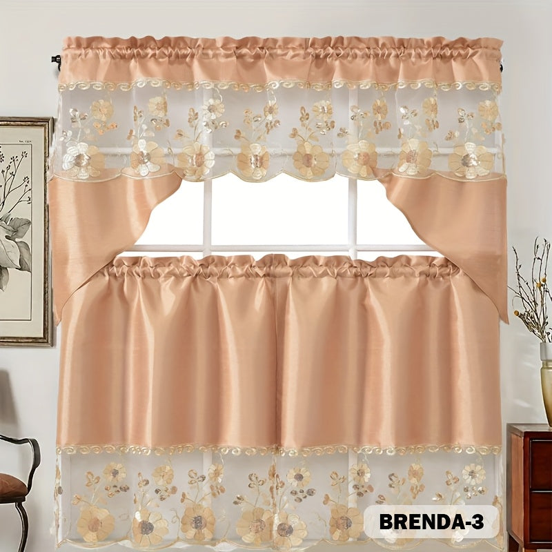 3pcs Bamboo Embroidered Kitchen Curtain Set, Floral Embroidery, Lightweight and Soft, Easy Care, Machine Washable, Satin Fabric, Embroidered
