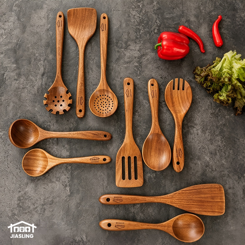 10pcs Wooden Spoons for Cooking, Natural Teak Wooden Kitchen Utensils Set Non-Stick Kitchen Pan Toolset Wooden Utensils for Cooking Wooden Cooking Utensils Wooden Spatulas for Cooking