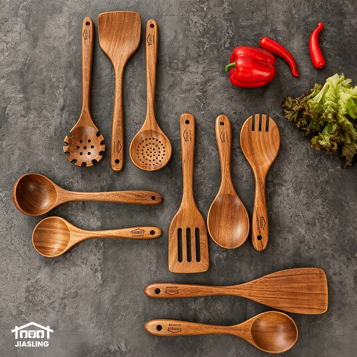 10pcs Wooden Spoons for Cooking, Natural Teak Wooden Kitchen Utensils Set Non-Stick Kitchen Pan Toolset Wooden Utensils for Cooking Wooden Cooking Utensils Wooden Spatulas for Cooking