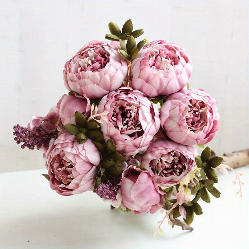 13-Head Artificial Peony Bouquet with Realistic Blooms & Lush Green Foliage - UV-Resistant Plastic Flowers with Sturdy Stems, Multi-Color Options (Pink, Red, White, Blue, Purple, Yellow, Lavender, Peach, ) for Weddings, Home, Garden, Office Decor - Indoor