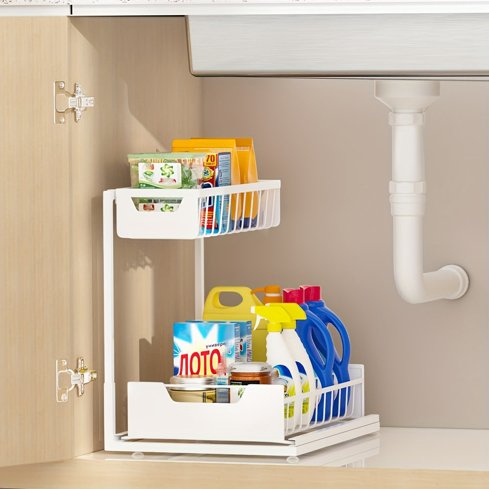 2-Tier Sliding Under Sink Organizer Rack Kitchen Lower Sink Sorting Sliding Pull-out Cabinet Sorting Rack Metal Sliding Drawer For KitchenBathroom Refrigerator Cabinet Organization Rack Simple And Practical Kitchen Storage Essentials (1pack/2pack)