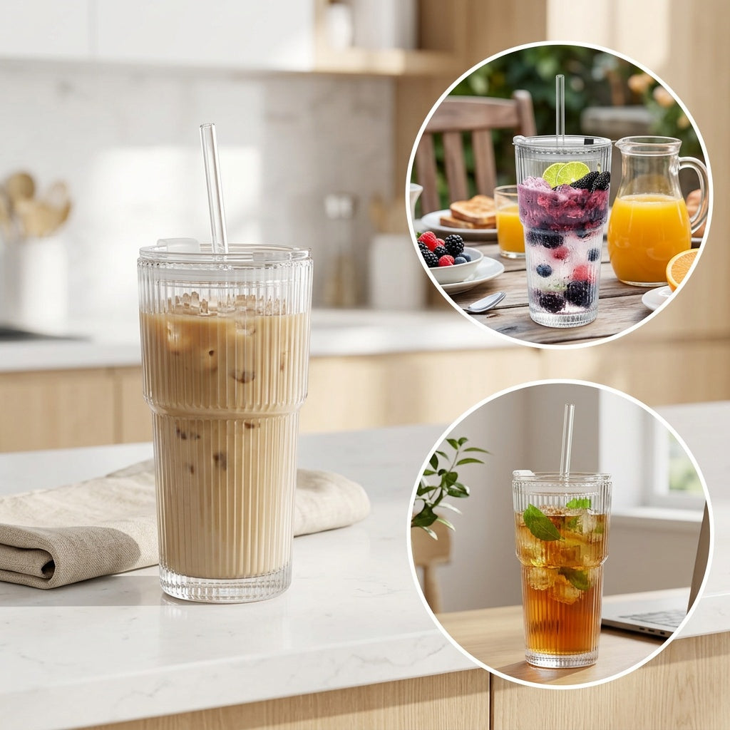 2/4pcs Vintage Striped Glasses, Glasses With Glass Straws, 19 Oz Coffee Mugs, Thickened High Borosilicate Material Glasses, Perfect For Iced Coffee, Juice, Drinks, Family And Parties