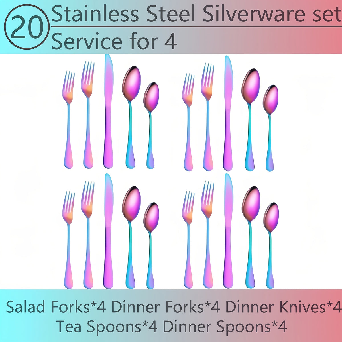 60/20pcs Of Mirror Polished Stainless Steel Tableware Set for 12 People - Titanium Plated Dishwasher Safe Cutlery Set with Knife Fork Spoon, (Vibrant Colors, 304 Food Grade Material) The Best Gifts for Thanksgiving And Christmas