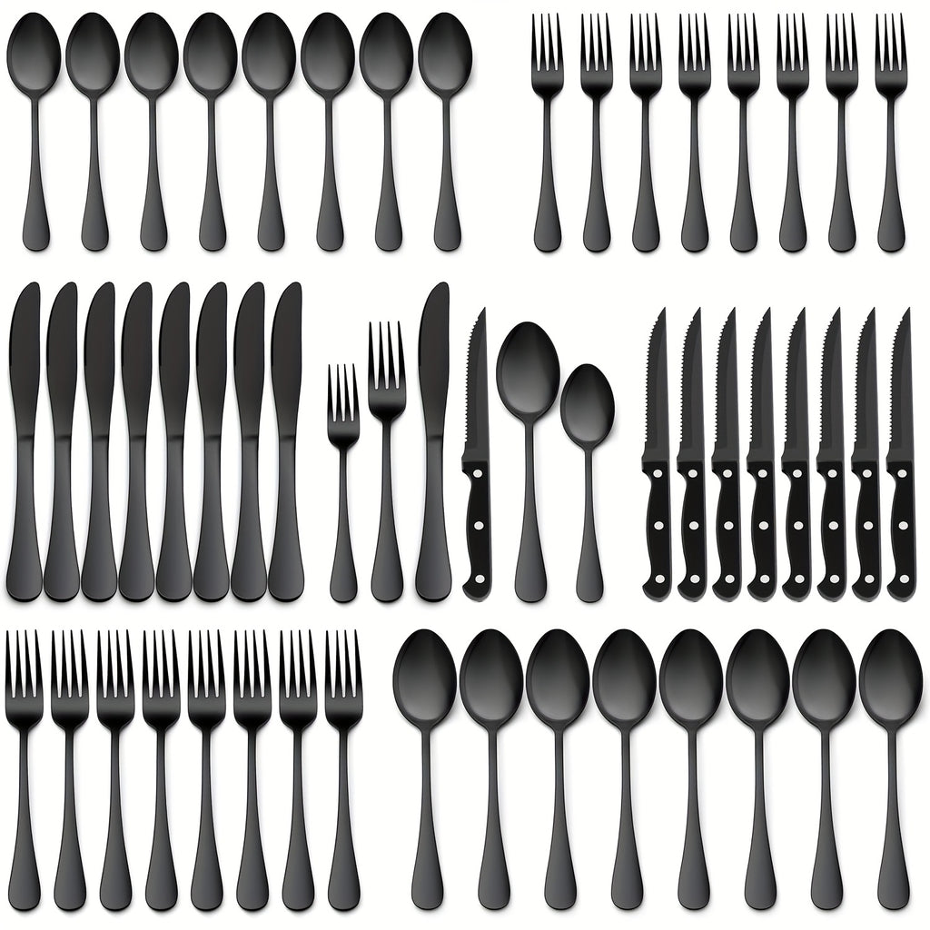 48pcs Silverware Set with Steak Knives, Christmas Stainless Steel Flatware Cutlery Set, Eating Utensils for 8, Spoons Forks Knives for Home Kitchen, Simple Design & Mirror Finish, Dishwasher Safe(Silvery, Black)