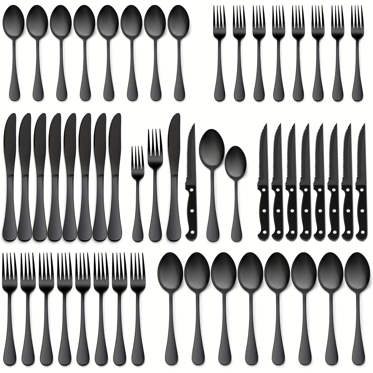 48pcs Silverware Set with Steak Knives, Christmas Stainless Steel Flatware Cutlery Set, Eating Utensils for 8, Spoons Forks Knives for Home Kitchen, Simple Design & Mirror Finish, Dishwasher Safe(Silvery, Black)