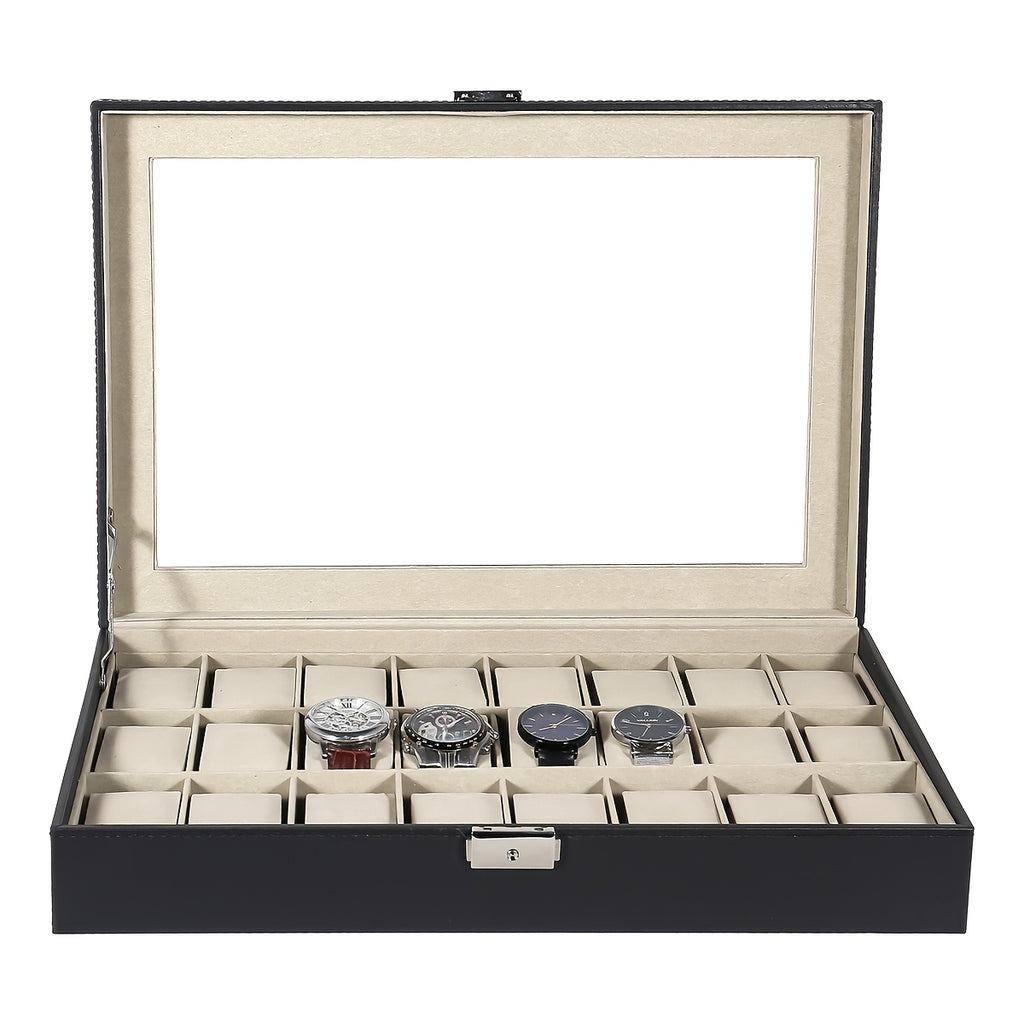 Watch Box, 24 Slots Watch Case, Watch Box Organizer Jewelry Storage with Large Glass Lid, Watch Display Case, Watch Box for Men & Women, Decorative Jewelry Boxes