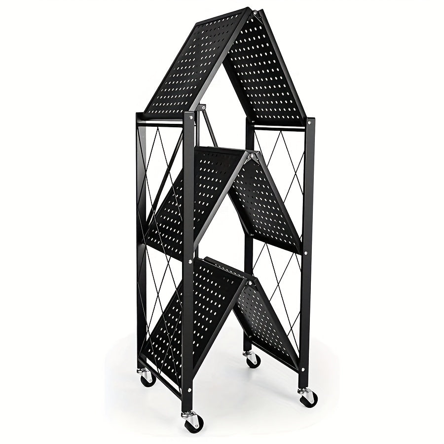 3-Layer Foldable Storage Rack with Wheels | High Load-bearing Capacity, Suitable for Garage and Kitchen Use, Black Iron Shelving Unit, Practical and Multipurpose, Utility Racks