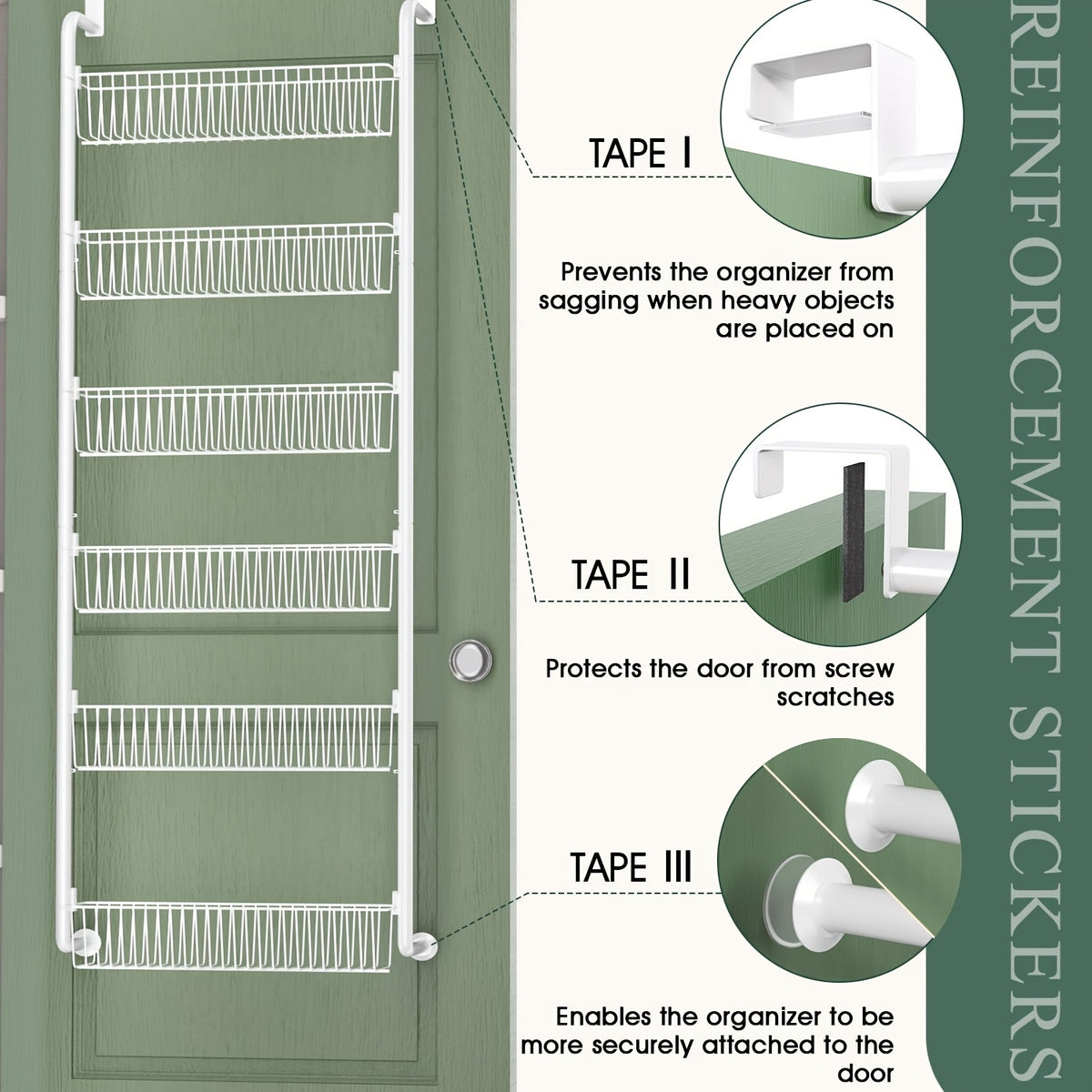 Pantry Door Storage Organizer, 6 or 8 Tier Metal Basket Rack in Black or White for Spices, Snacks, Kitchen Essentials, Laundry and Bathroom Supplies