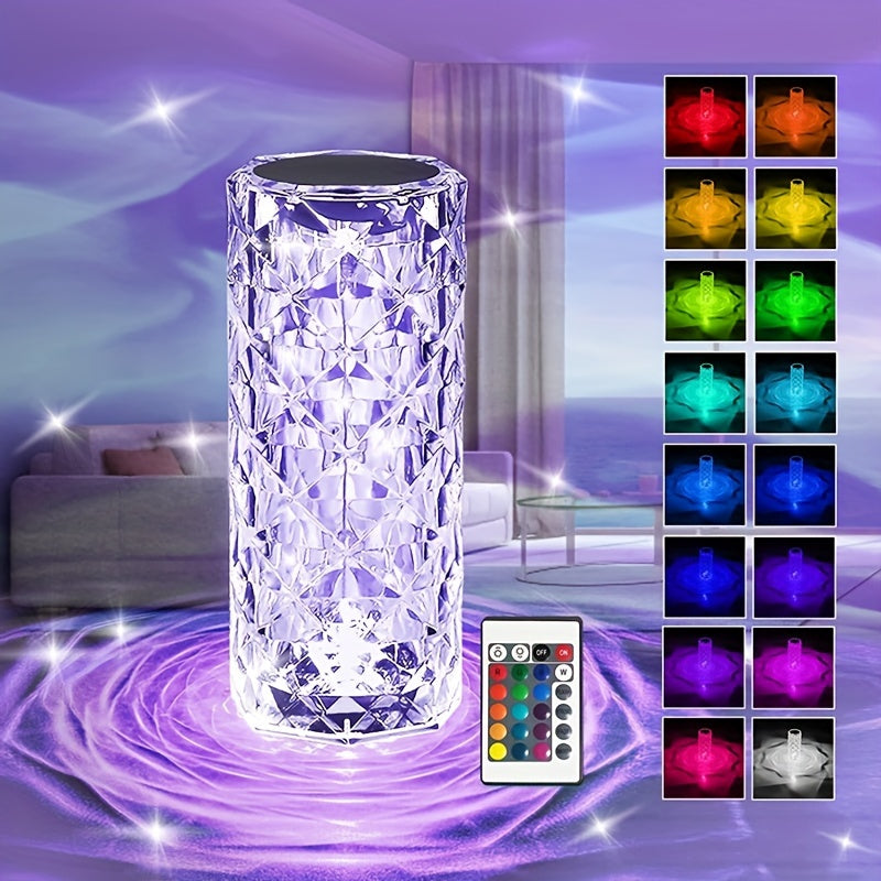 1pc Sparkling Rose RGB Night Light - 16-Color Changing Touch & Remote Control, USB Rechargeable Battery-Powered LED Table Lamp with Crystal Gemstone Design for Bedroom, Living Room, Christmas Decor, Touch Lamp for Bedroom, Ambiance Enhancer