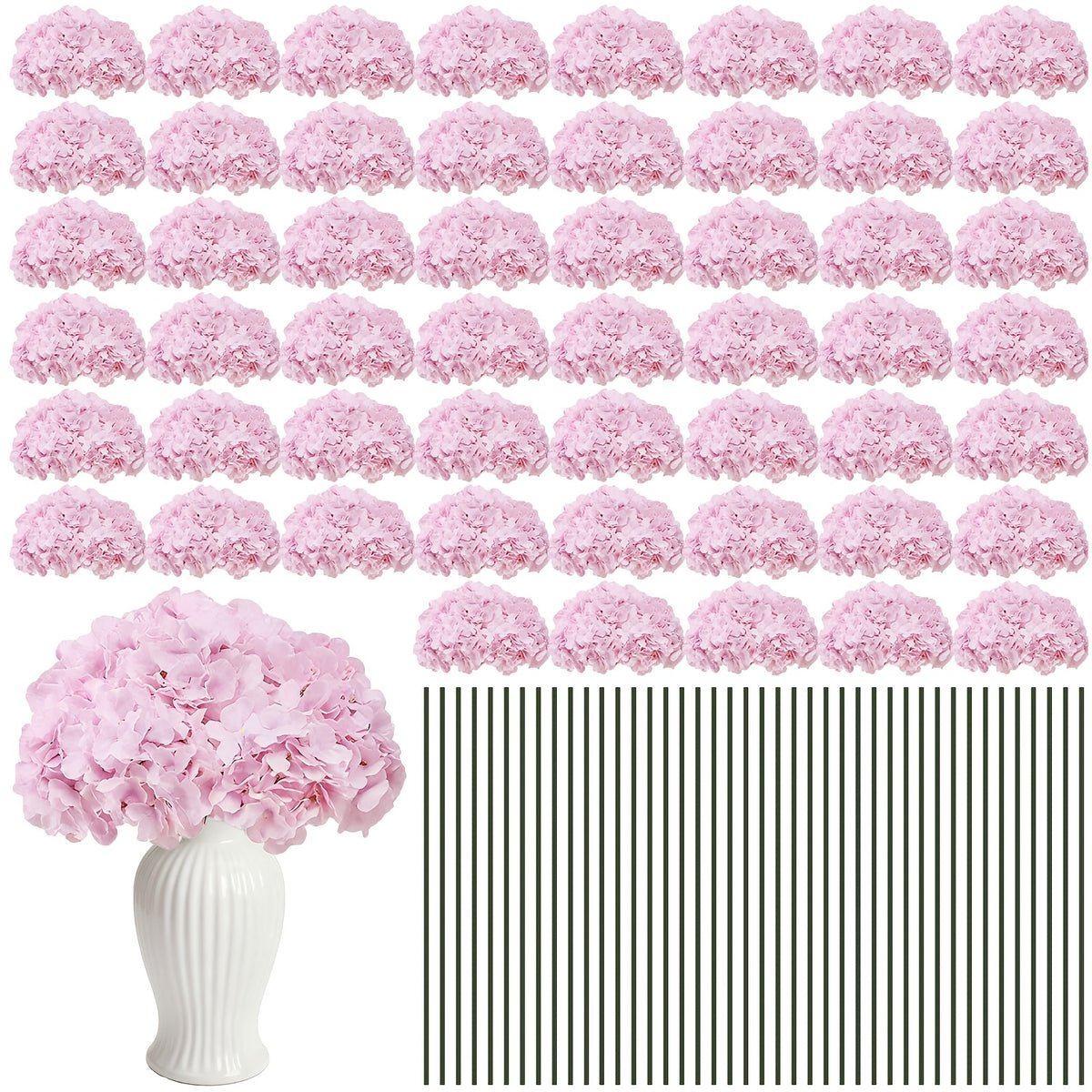 Set of 24 Synthetic Hydrangea Blooms with Stems, Ideal for Wedding Decorations, Home Parties, Baby Showers, And Store Displays. These Floral Arrangements Are Long-Lasting And Can Be Reused, Available in White, Orange, Blue, Dreamy Purple, Champagne