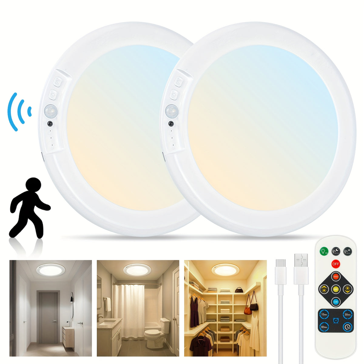 8/6/4/2/1Pack Rechargeable LED Ceiling Light with Motion Sensor, 3 Lighting Options, 10 Brightness Levels Battery Operated Closet Lights, Remote Control Dimmable Timing Motion Shower Lights for Living Bathroom Pantry Hallway Porch(3000K/4500K/6500K)