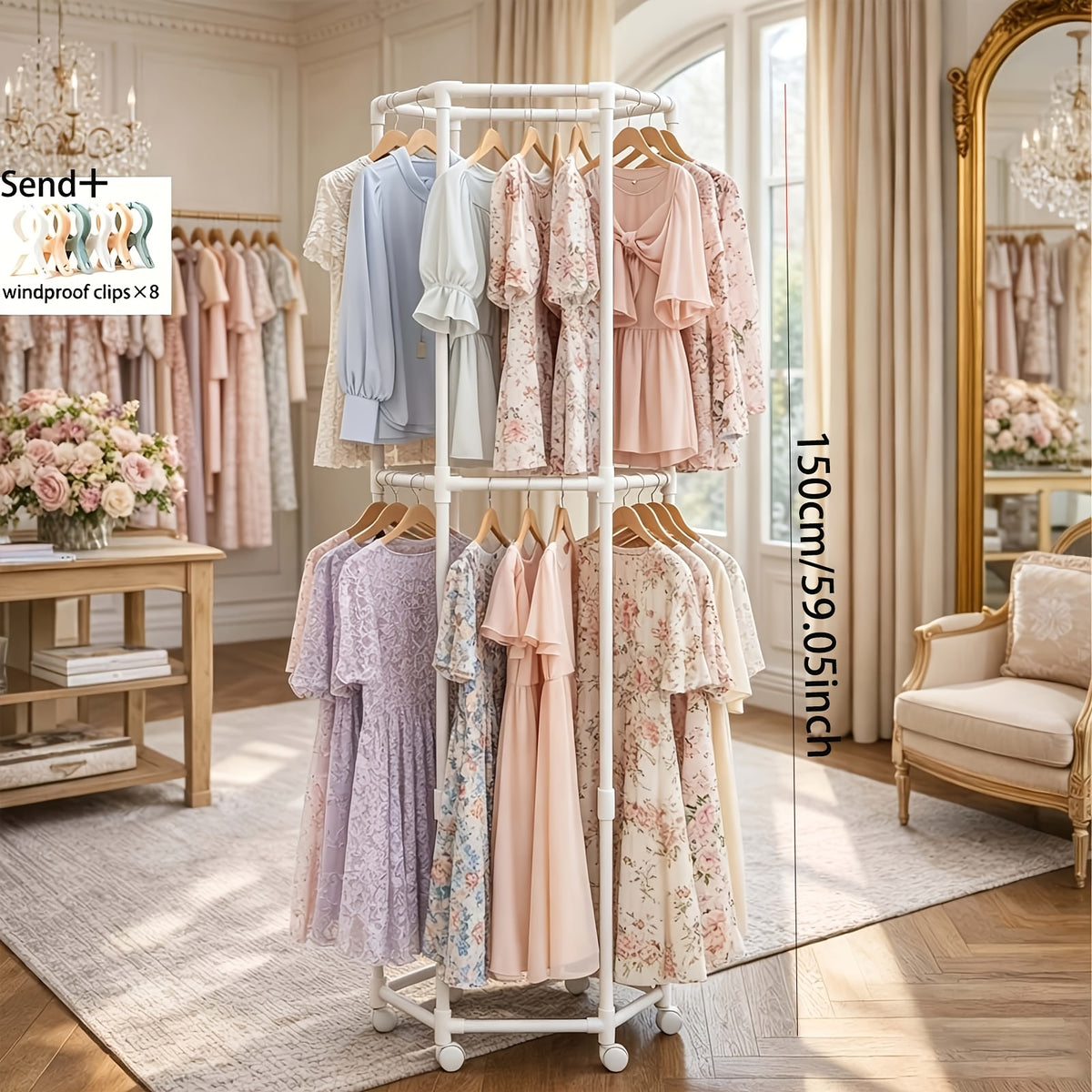 Heavy-Duty Rotating Clothing Rack with Wheels - Freestanding Space-Saving Garment Organizer Suitable for Bedroom, Laundry Room, Commercial Use, Multifunctional Rotating Dresser Rack with Hanging Rods for Coats, Dresses, Pants Storage