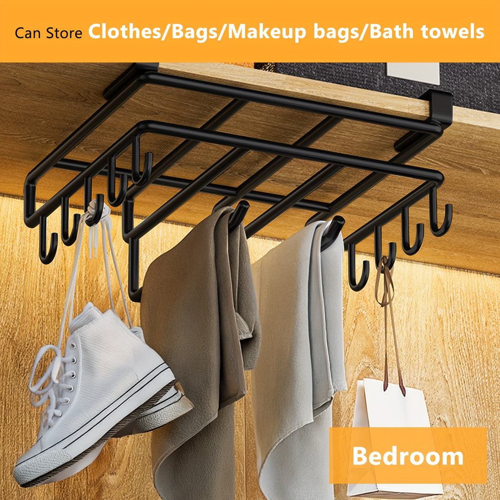 1pc Cabinet Organizer Holder, Cabinet Holder Rack, Bathroom Towel Holder Under Cabinet, Hanging Shelf Under Cabinet with Multiple Hooks for Cups, Kitchen Utensils, And Cutting Boards(Black)