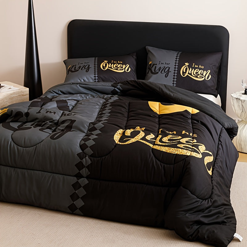Tog 3 3pcs Super Soft Breathable Black Grey Color Blocking Crown Letter Thickening Quilt Set (1 Comforter +2 Pillowcases Without Pillow Core), Contains Padding 180gsm Quilting Soft Ventilate Digital Printing Bedroom Dormitory At Home