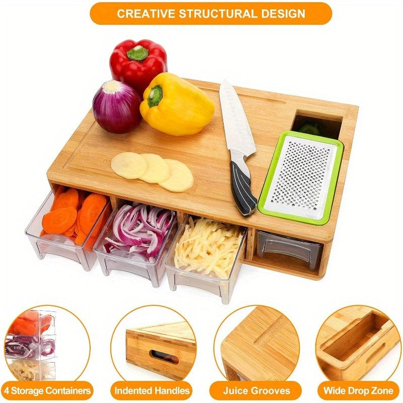 One Durable Bamboo Cutting Board Featuring Four Drawers Or Two Stainless Steel Trays, Designed with a Food Sliding Opening. This Carving Board Comes with Trays for Food Storage, Transport, And Easy Cleanup, Making It an Ideal Christmas Gift