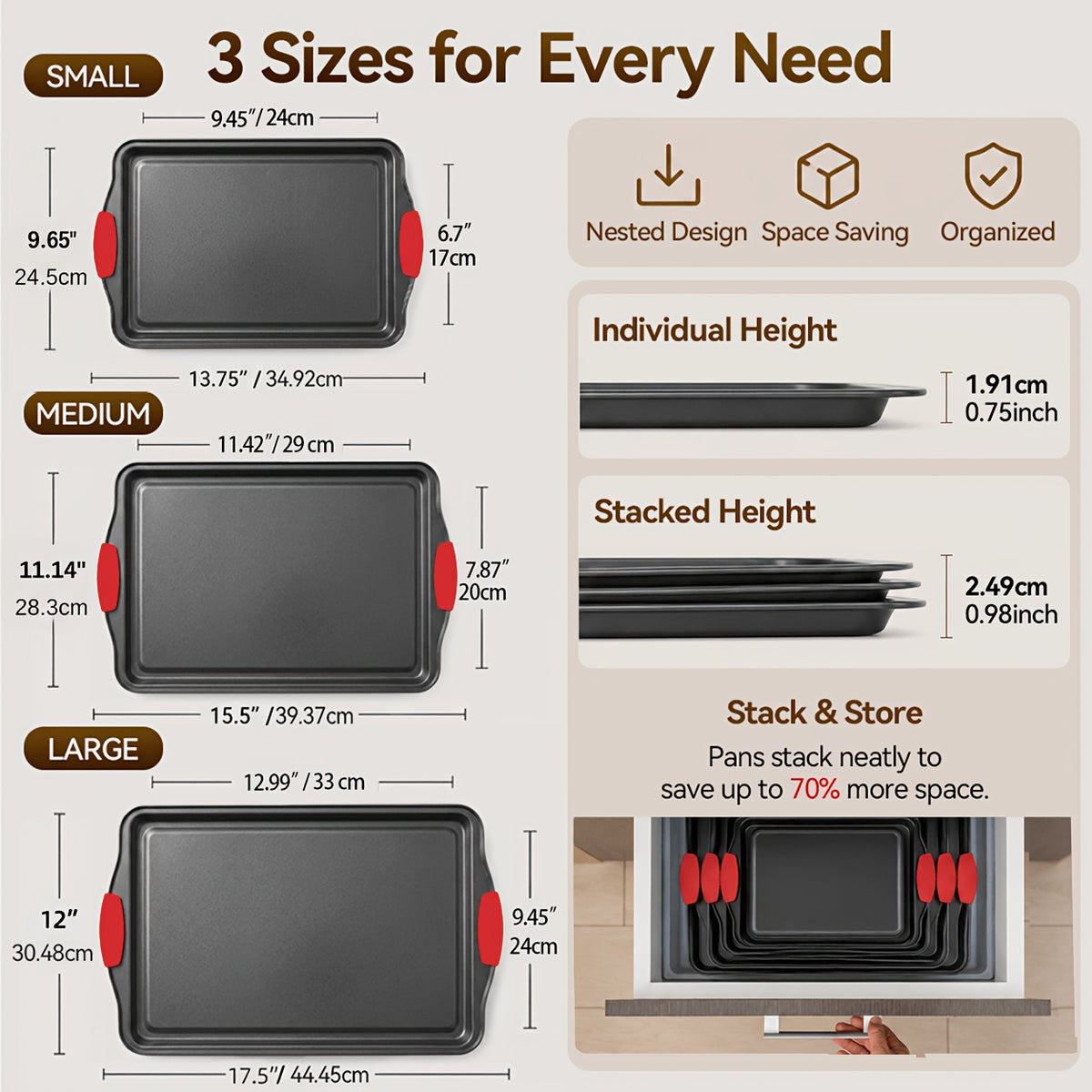 3pcs Nonstick Carbon Steel Oven Baking Pans Set With Detachable Silicone Handles, Premium Non-Stick Steel Bakeware Set, Commercial Grade Restaurant Quality Rimmed Sheets, Easy-Clean Baking Trays For Cookies, Pizza, Cake & Home Kitchen Use