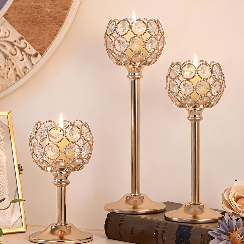 3pcs Set Crystal & Metal Candle Holders - Windproof, Perfect for Christmas, Halloween Table Decor, Romantic Dinners, Wedding Anniversaries, Home & Hotel Ambiance, Birthday Gifts - Ideal for Centerpieces, Parties (Candles Not Included)