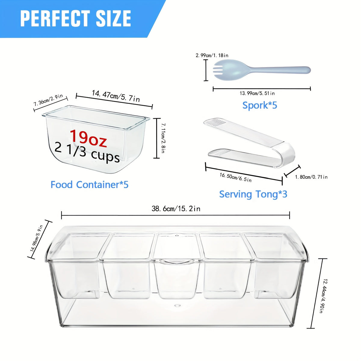 For Bar Serving Tray on Ice with 5 Compartments Container, 5 Forks And 3 Pliers, Fruit Trays for Serving, Garnish Platters with Lid, Cold Seasoning Storage Box for Bar for Parties, Clear
