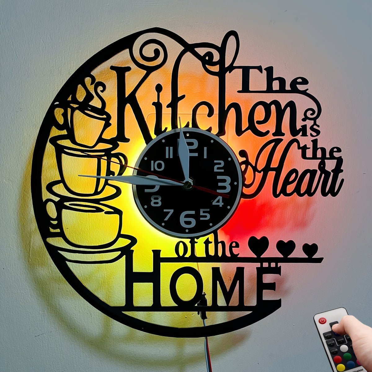 Vinyl Record Wall Clock with Heart of Home Crown Design, Silent Vintage Kitchen and Living Room Decor with Optional 7-Color LED Mood Lighting