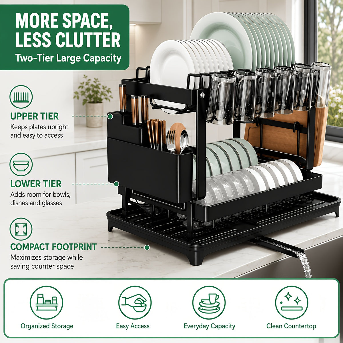 Two-Level Dish Drying Rack for Kitchen Surfaces, Dish Drainer with A Drainboard, Metal Kitchen Dish Holder with Drainage, Two-Tier Kitchen Drying Rack, Black Dish Holders, Standing Shelf Units, Standing Shelf