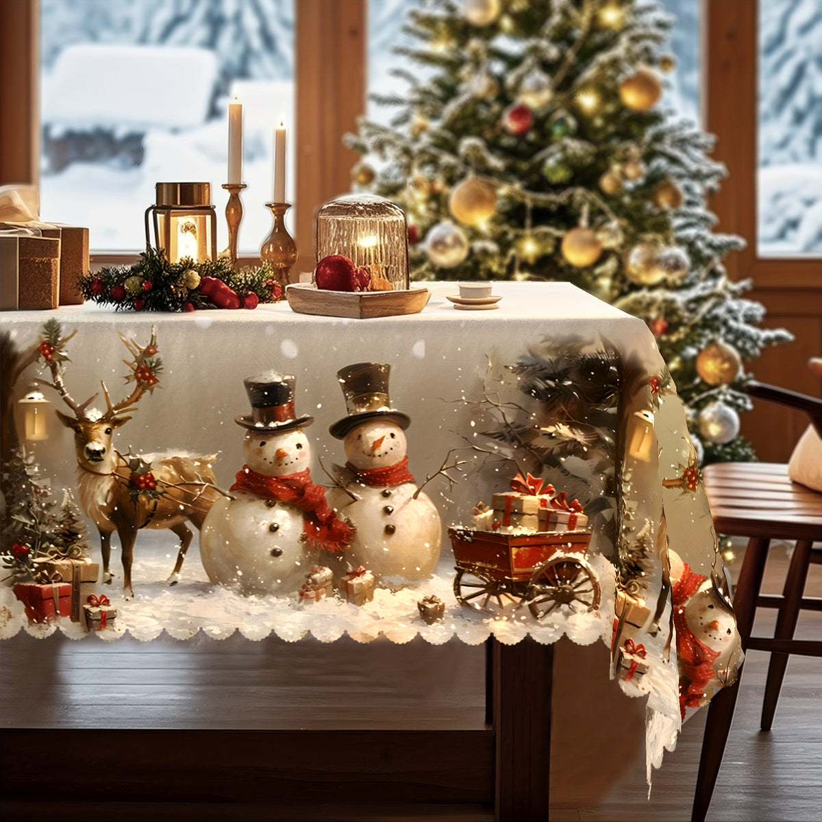 Christmas Tablecloth with Vintage Snowman Reindeer & Christmas Tree - Red & Holiday Table Suitable for Rectangular, Round, Oval Tables - Durable Polyester Fabric for Party, Home, Restaurant Decorations