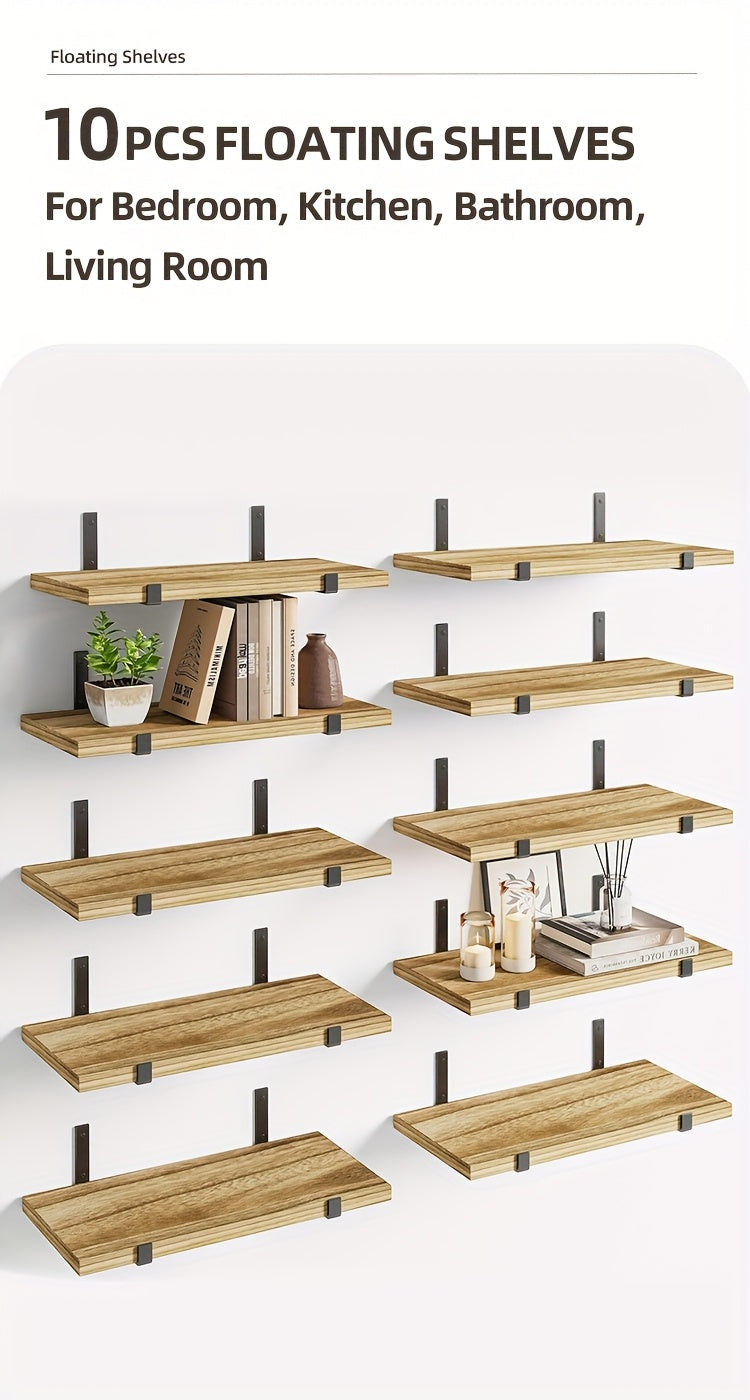 Floating Shelves 10-Piece Set, 15.8 x 5.9 Inch Wall Display Shelves for Books, Small Plants, Photos and Collectibles in Bedroom, Kitchen and Living Room