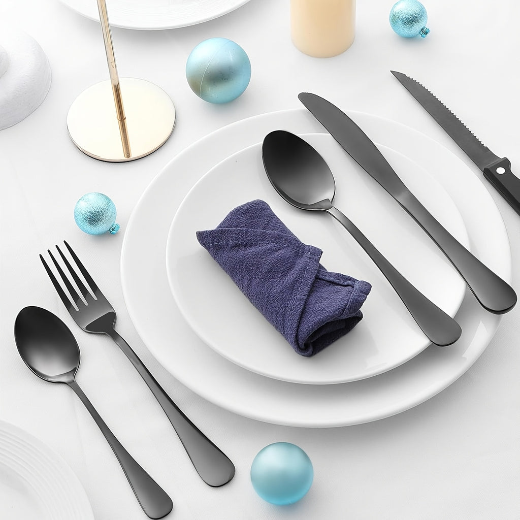 24/48pcs Black Silverware Set With Steak Knives Service For 4/8, Christmas Stainless Steel Flatware Set, Mirror Polished Kitchen Accessories, Home Kitchen Party Eating Tableware Set, Include Fork Knife Spoon Set, Dishwasher Safe (Silver, Black)
