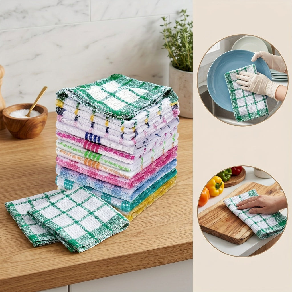 Kitchen Dish Cloths That Are Absorbent, Quick-Drying, And Resistant to Oil, Featuring a Soft And Durable Design with a Grid Pattern And Colorful Borders. Measuring 35Cm/13In Square, They Are Ideal for Home Use, Travel, Camping