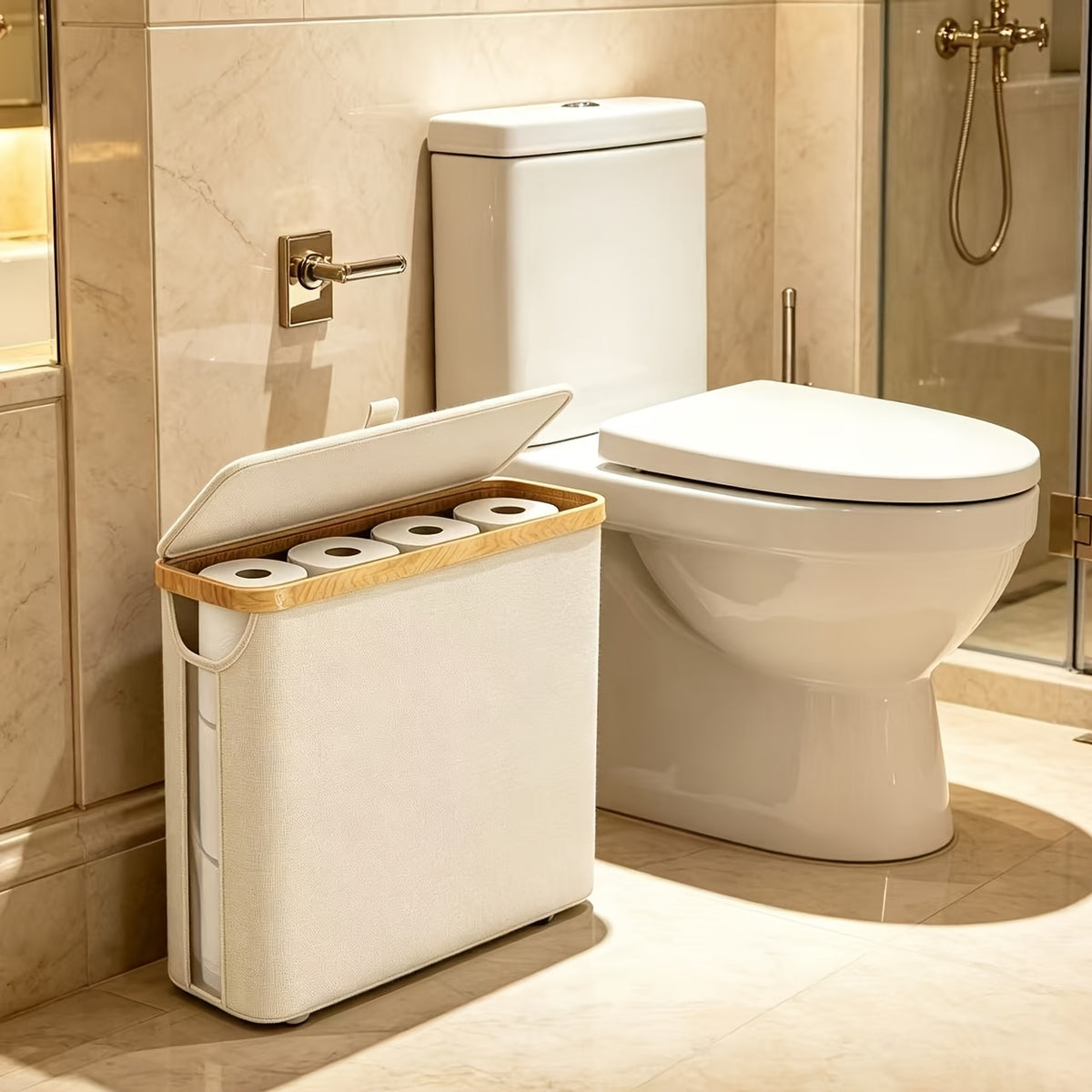 Large Capacity Bamboo Paper Towel Storage Basket | Holds 9-12 Rolls, Dustproof, Beautiful Toilet Paper Storage, 600D Oxford Cloth, Black, Beige, and Gray Colors, Suitable for Modern Fashion Bathroom, Toilet Paper Storage Containers