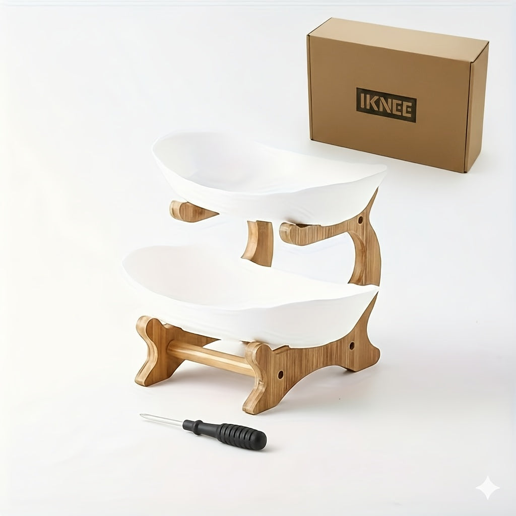 2/3 Tier Luxurious Wooden Elegant Fruit Stand- Double Layer Fruit Bowl and Creative Candy Display- Made of Natural Wood, Suitable Snack Tray for Living Room, Space-saving Design, Easy to Assemble, Father'S Day Gift, Kitchen Dessert Tray
