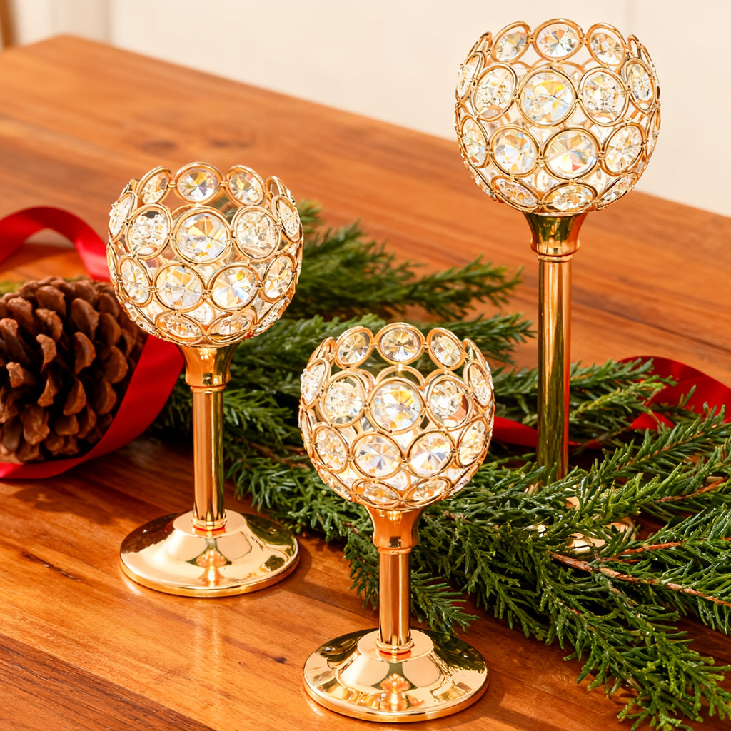 3pcs Set Crystal & Metal Candle Holders - Windproof, Perfect for Christmas, Halloween Table Decor, Romantic Dinners, Wedding Anniversaries, Home & Hotel Ambiance, Birthday Gifts - Ideal for Centerpieces, Parties (Candles Not Included)