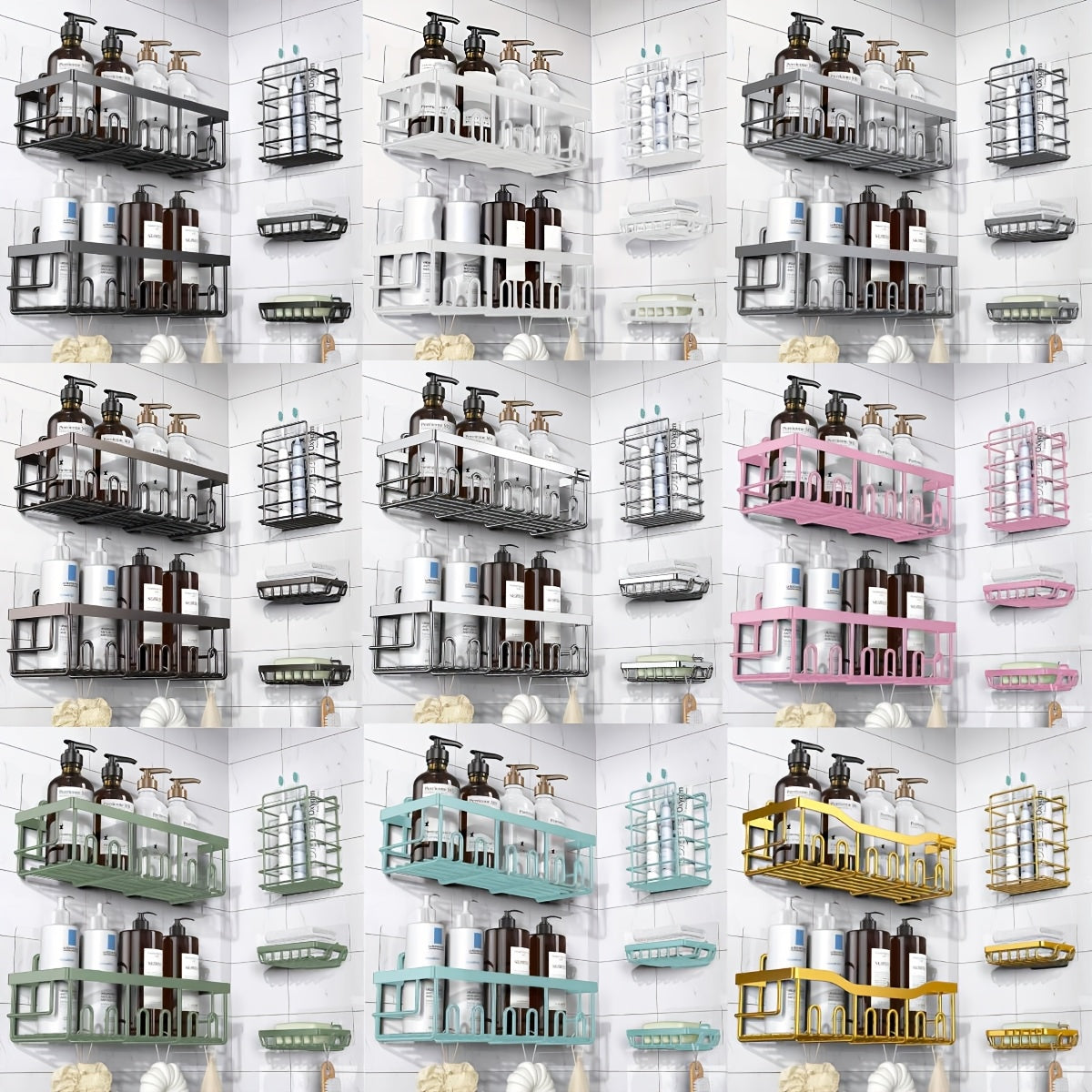 Shower Caddy Organizer, 5-Pack Adhesive Rustproof Stainless Steel Shower Shelves with Soap Holder, No Drilling Shower Storage Rack for Family Renters Bathroom, Random Colors to Choose, Shower Caddies