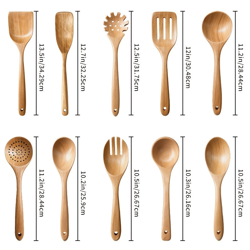 A Set of 10pcs High-Quality Thick-Walled Teak Cookware, Non-Stick Friendly, Heat-Resistant, with Ergonomic Handles, Comfortable Grip, Suitable for Stirring, Baking, Serving And Easy Cooking, 730G/ 1.61Lb