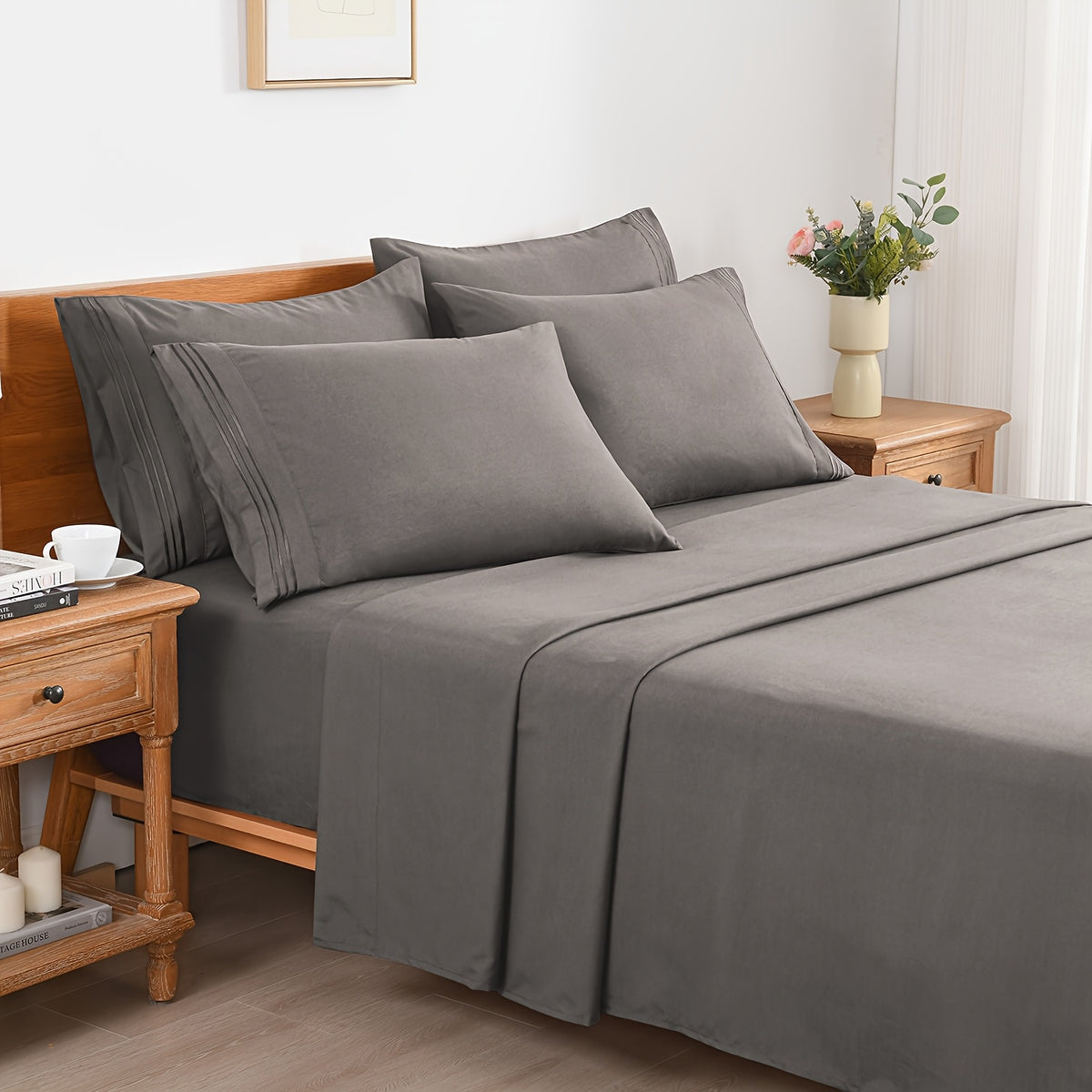 6pcs Summer Cooling Bed Sheet Set, 18 Inch Deep Pocket Ultra Soft Breathable Polyester Solid Color Bedding Three Embroidery 100 GSM Anti Fading Wear Resistant Wrinkle Free Easy Care Bedroom Home Decor