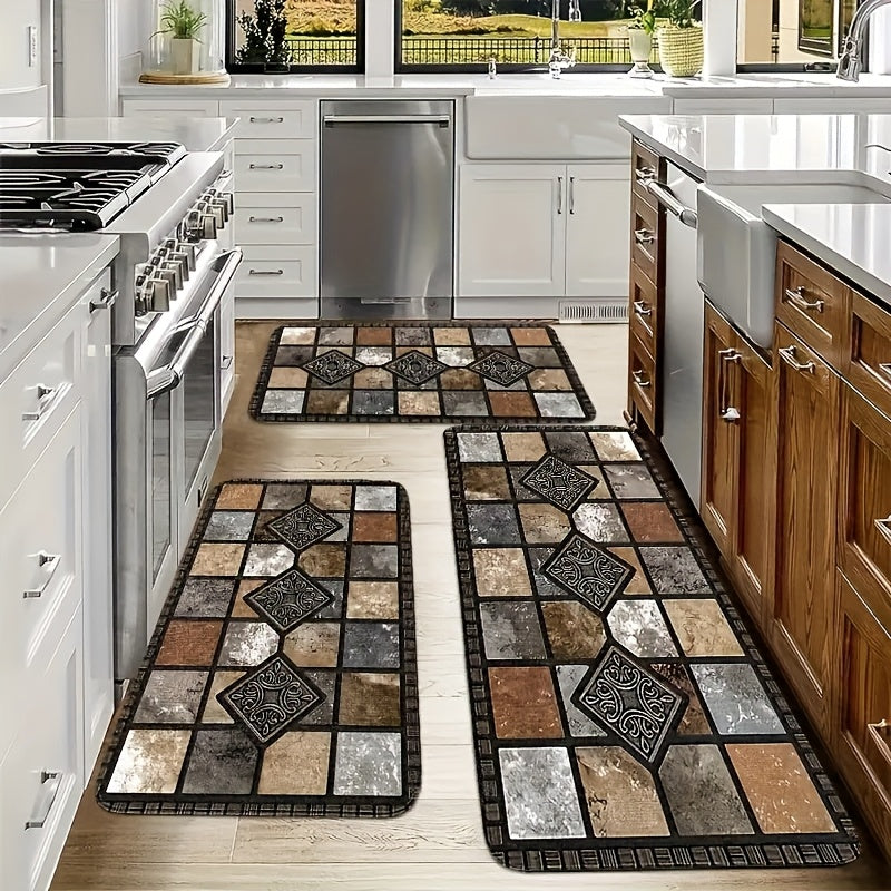 Plaid Kitchen Rug Set, 2-Piece Brown Absorbent Diatomaceous Earth Floor Mats with Non-Slip Backing, Machine Washable Quick-Drying Runner