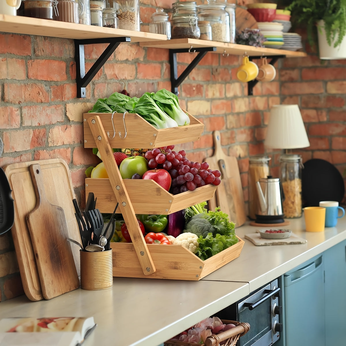Stackable Bamboo Kitchen Organizer 2 Or 3 Tier Space-Saving Storage Rack for Fruits, Vegetables, Bread & Snacks Multi-Tier Bamboo Storage Basket Compact Stackable Display Tray for Kitchen, Pantry Holds Produce, Bakery & Snacks